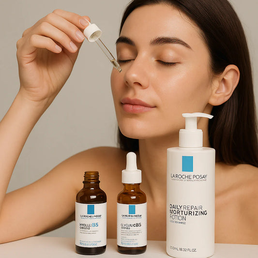 A young woman applying serum to her face surrounded by La Roche-Posay skincare products, symbolizing gentle French skincare and healthy glowing skin