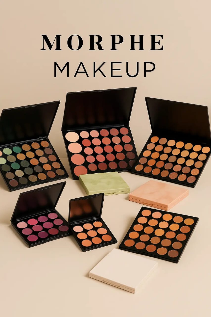 Seven Morphe makeup palettes arranged elegantly on a beige background with vibrant shades