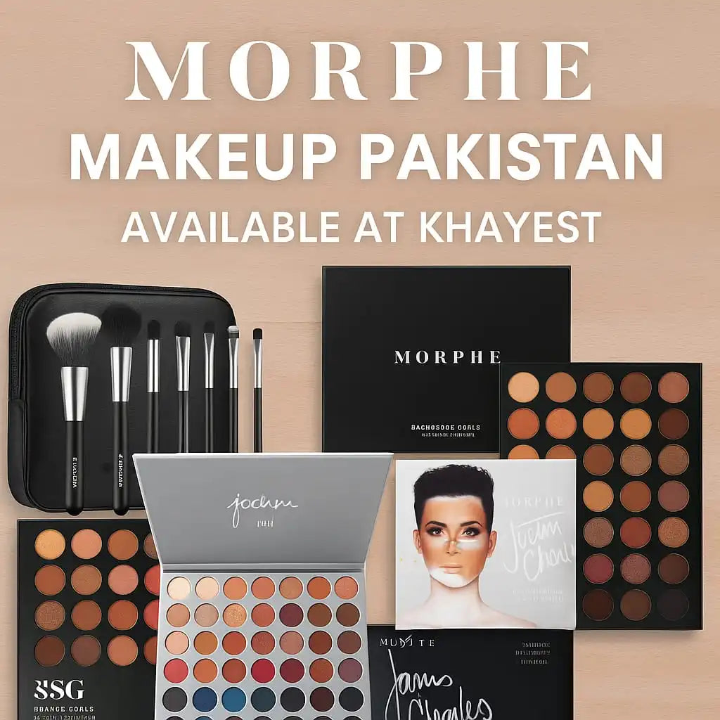 image featuring various Morphe eyeshadow palettes, makeup brushes, and beauty products arranged on a soft beige background with the text “Morphe Makeup Pakistan – Available at Khayest” displayed elegantly.