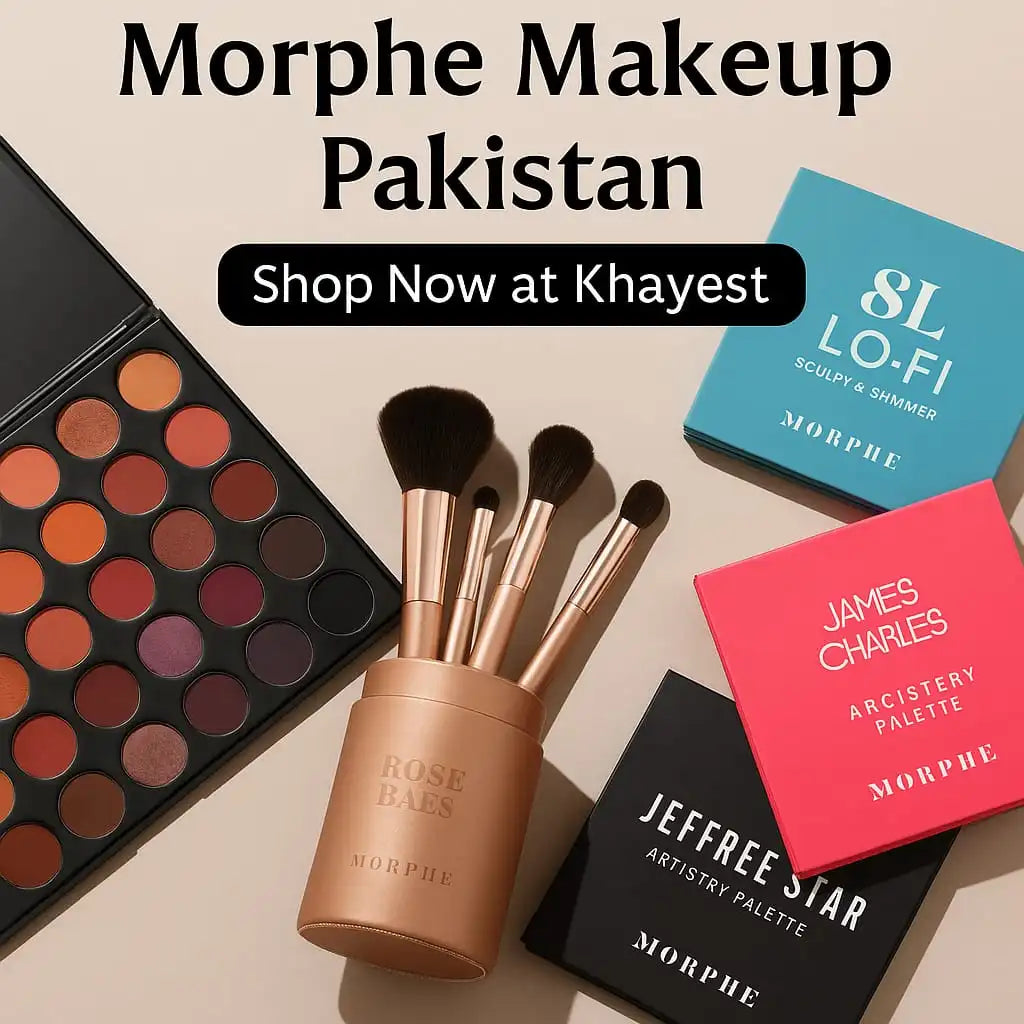 Morphe makeup products including eyeshadow palettes, blush palettes, and makeup brushes arranged on a soft beige background, with stylish text reading “Morphe Makeup Pakistan – Shop Now at Khayest.”