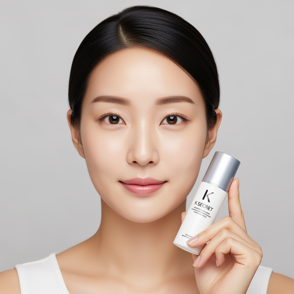 korean women with crystal clear skin holding Ksecret product in her hand showing the effect of korean skincare products on her face