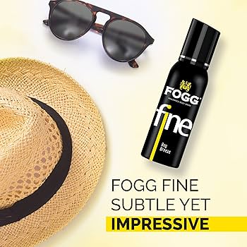 Fogg deodorant bottle with a straw hat and sunglasses on a yellow background