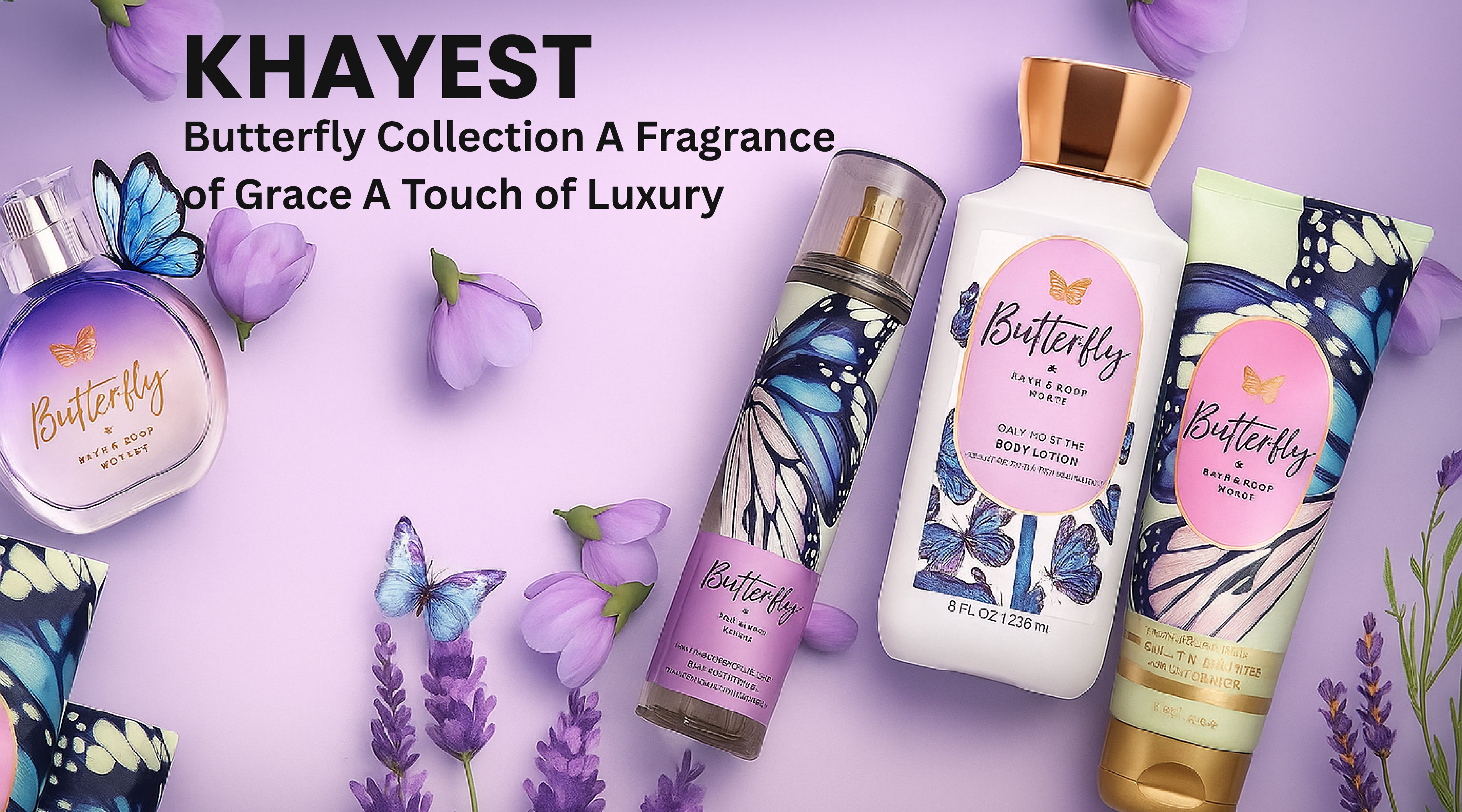 Khayest Butterfly Collection of fragrances and body care products on a purple background with butterflies and flowers.