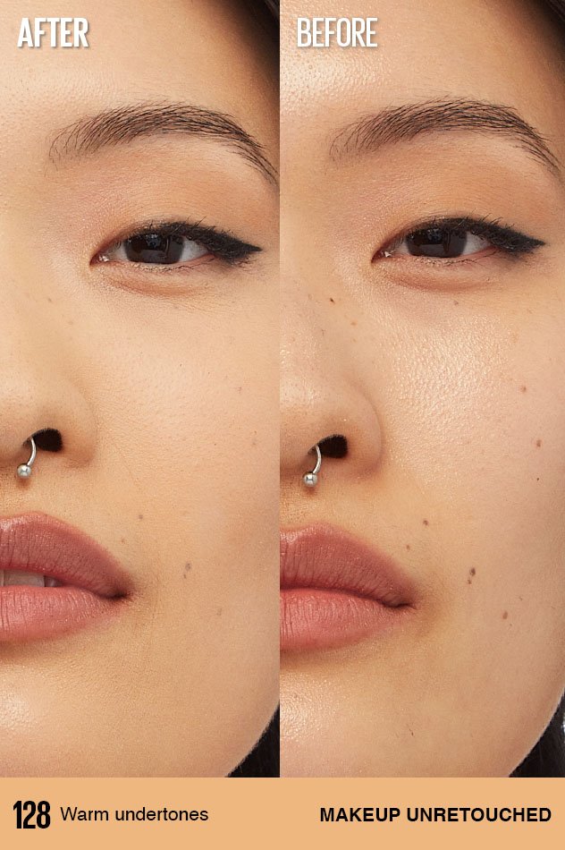 Before and after comparison of a model wearing Maybelline Foundation in shade 128, showcasing its coverage.