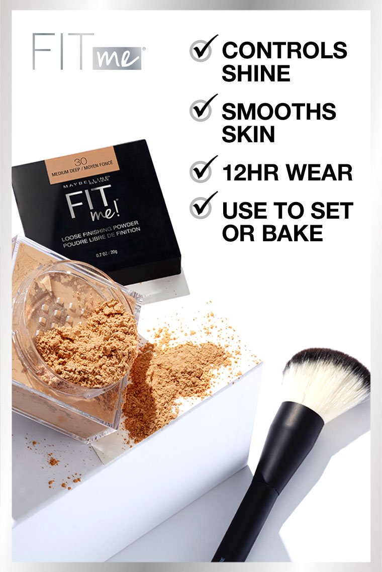 Image listing the benefits of Maybelline Fit Me Face Powder: controls shine, smooths skin, 12-hour wear, and use to set or bake
