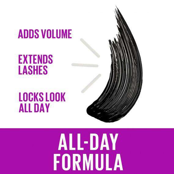 An image explaining the benefits of this Maybelline Mascara: adds volume, extends lashes, and locks the look all day.