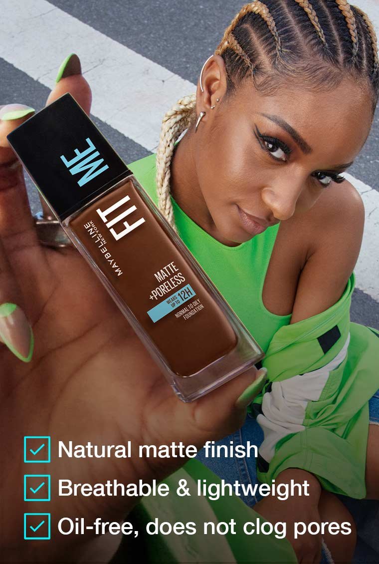 A model holds the Maybelline Foundation, highlighting key benefits: natural matte finish, breathable, and oil-free formula.