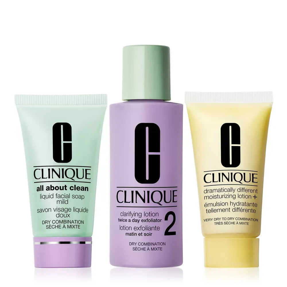 Clinique 3-Step Great Skin Everywhere Set Includes All About Clean Liquid Facial Soap Mild 30 ml, Clarifying Lotion 2 Twice A Day Exfoliator 60 ml, Dramatically Different Moisturizing Lotion+ - Khayest