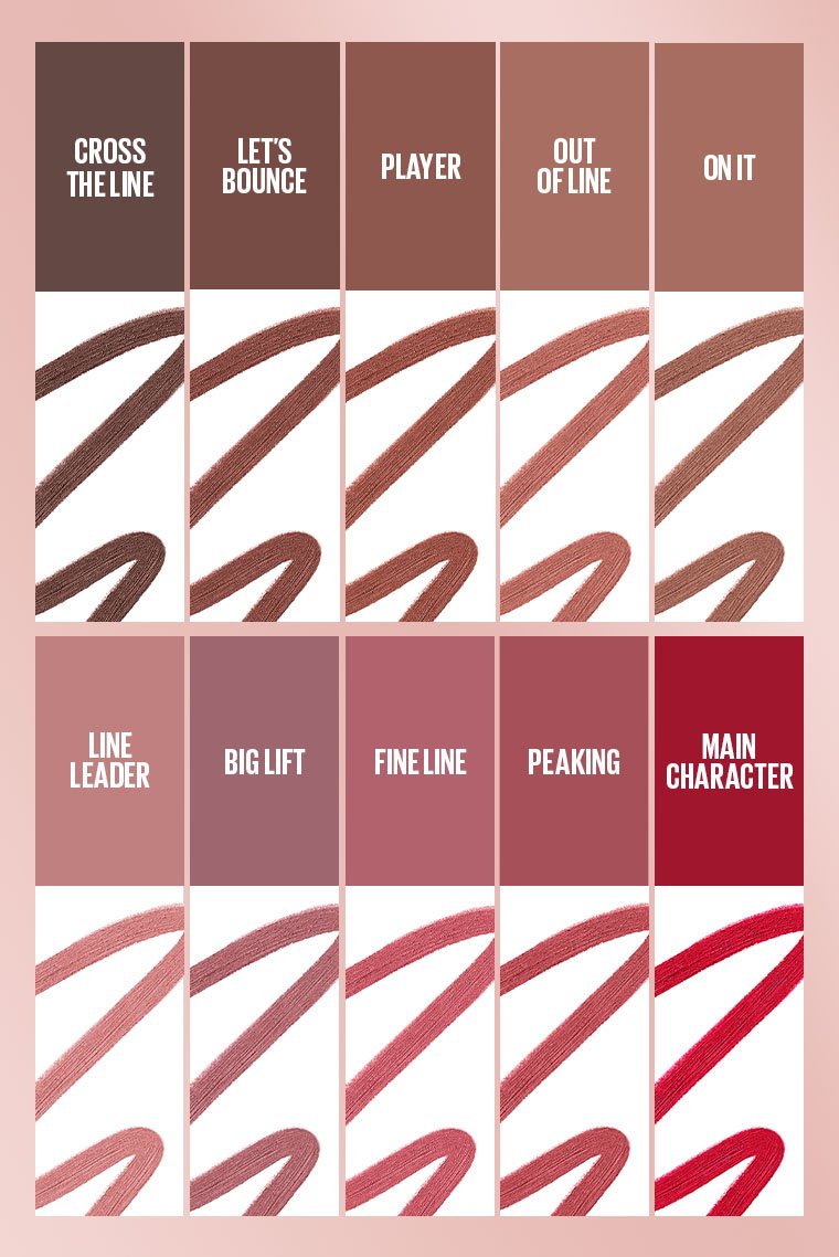 A chart displaying the complete shade range of the Maybelline Lip Liner, showing swatches of all available colors from nude to bold red.