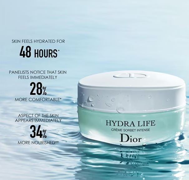 "Dior Hydra Life Intense Sorbet Face Cream clinical results: 48 hours hydration, 28% more comfort, 34% more nourished skin appearance"