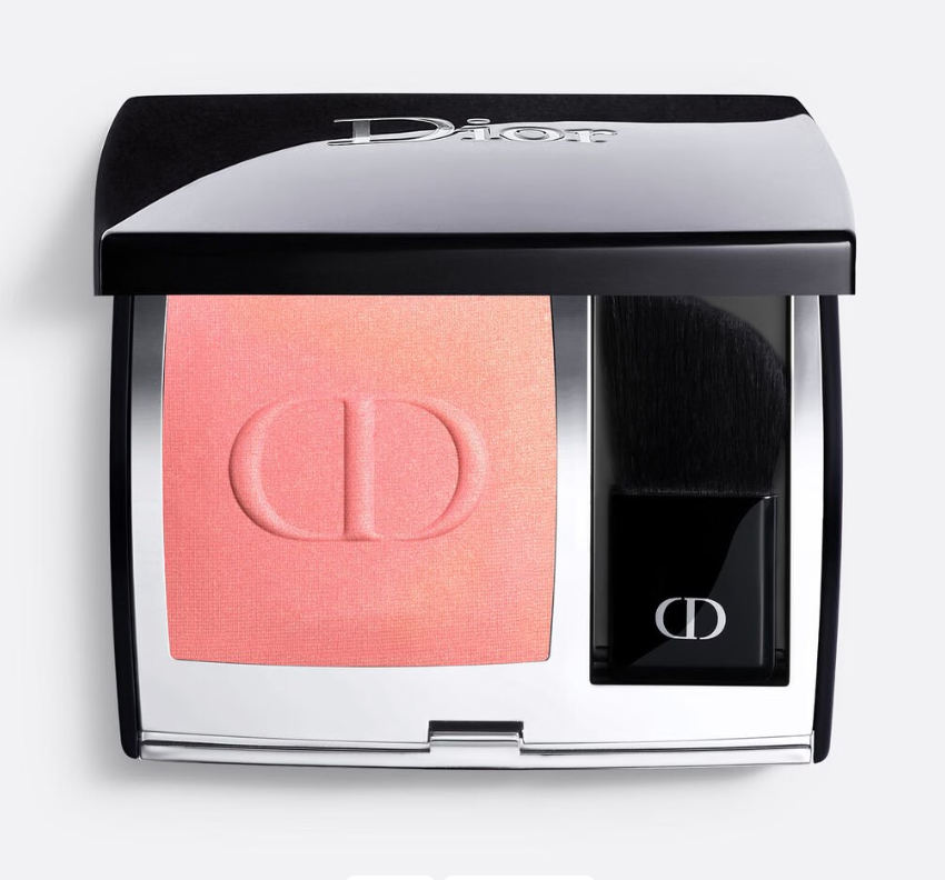 Dior Rouge Blush On in coral pink with subtle shimmer finish, showcased in designer black compact with built-in application brush.