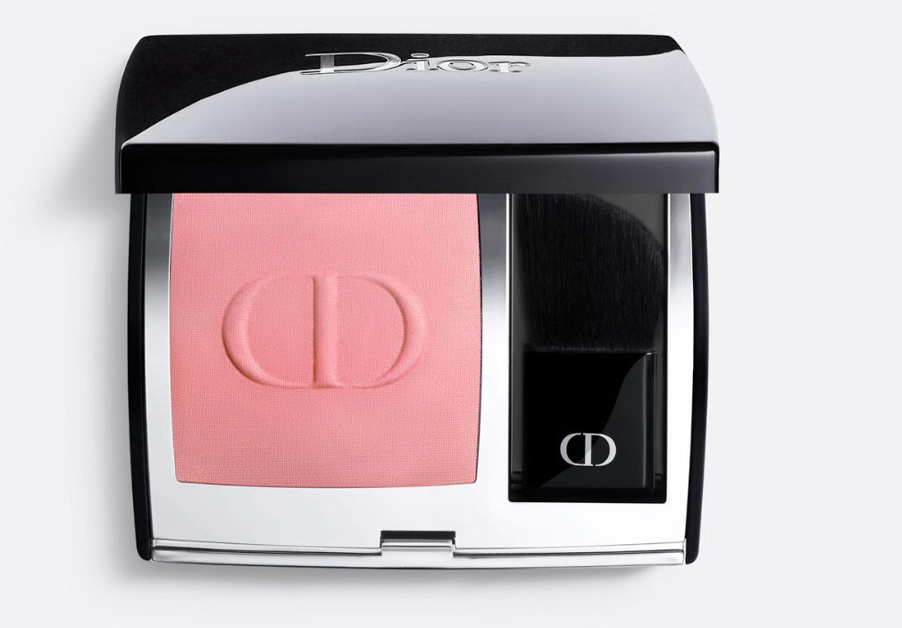 Dior Rouge Blush On in elegant pink shade with CD logo embossed on powder and application brush in luxury black compact.