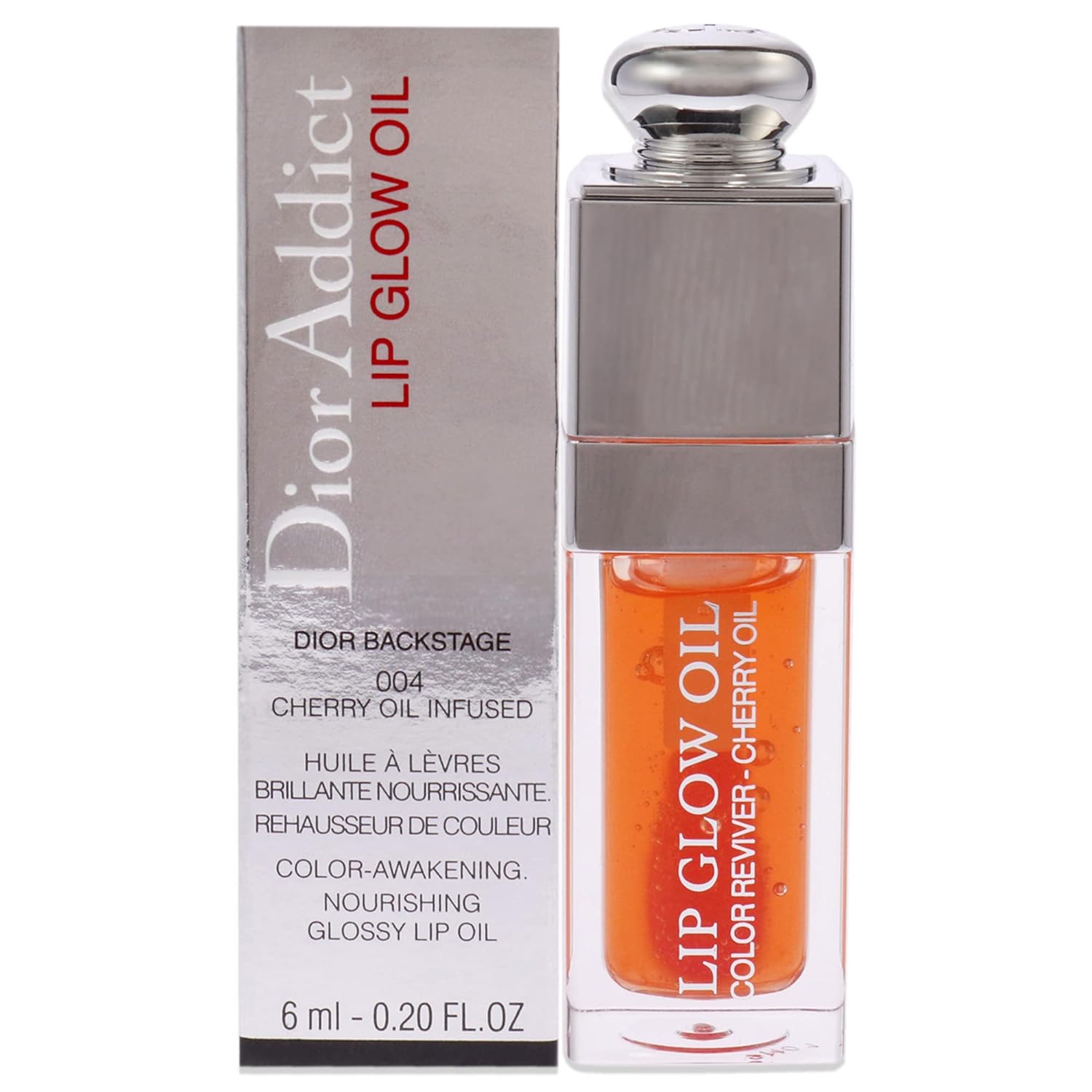 Dior Addict Lip Glow Oil in shade 004 featuring cherry oil-infused formula with bright coral color and elegant silver packaging