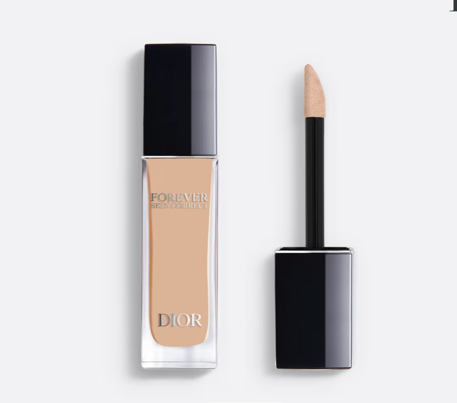 Dior Forever Skin Correct concealer in light beige shade with doe-foot applicator, featuring sleek black cap and transparent bottle with Dior branding.