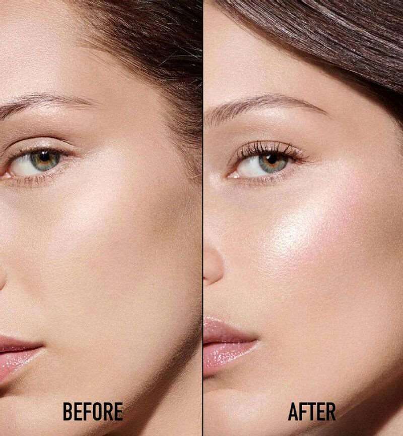 Before and after application of Dior Backstage Glow Face Highlighter Palette on light skin, showing radiant cheekbone illumination