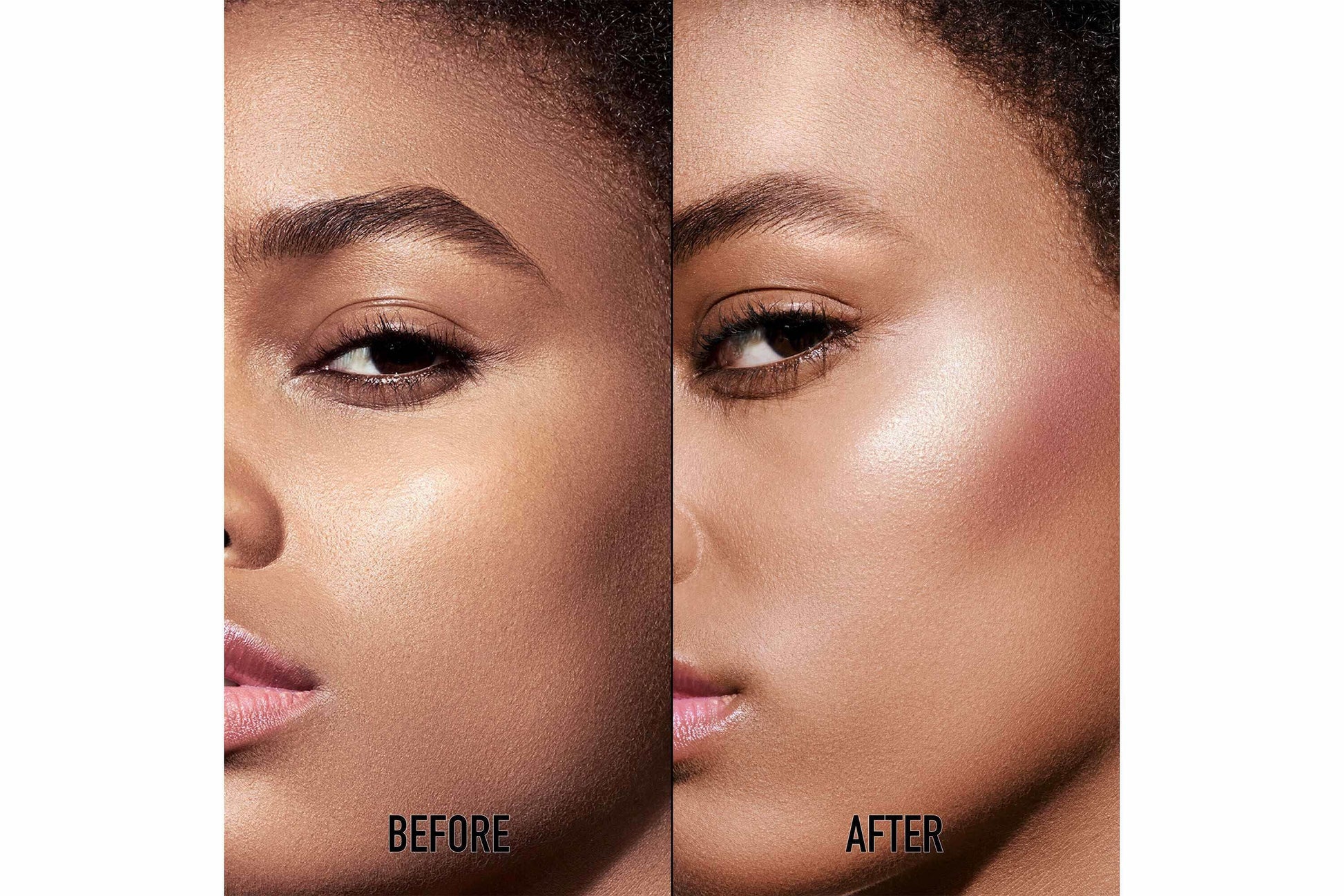 Before and after comparison showing the luminous effect of Dior Backstage Highlighter Palette on deeper skin tone