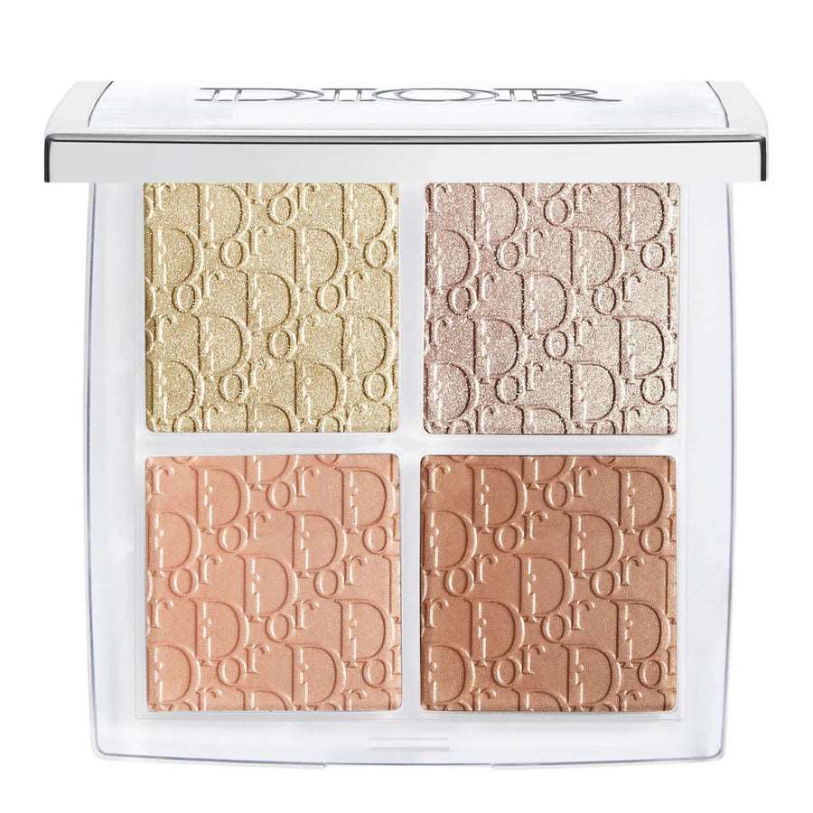 Close-up of Dior Backstage Highlighter Palette showing four universally flattering shades with signature CD pattern embossing