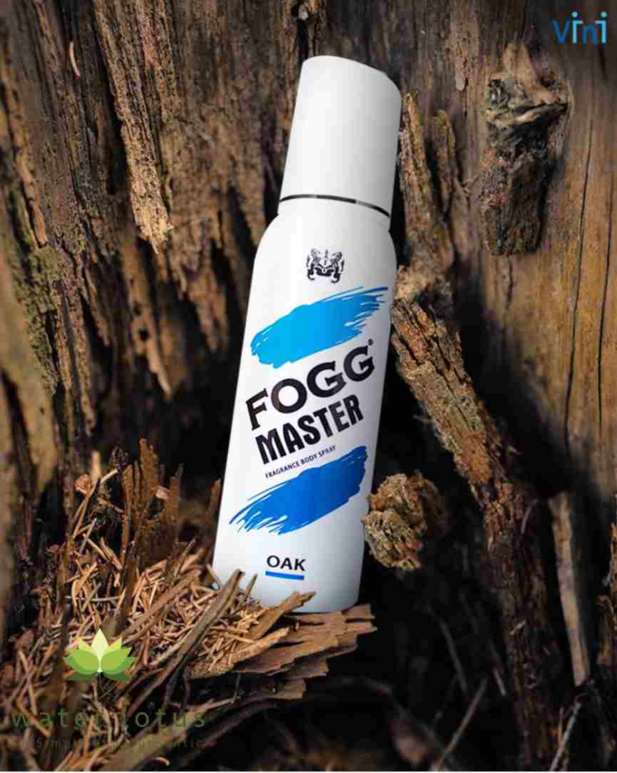 Fogg Master Oak perfume spray bottle on a wooden background