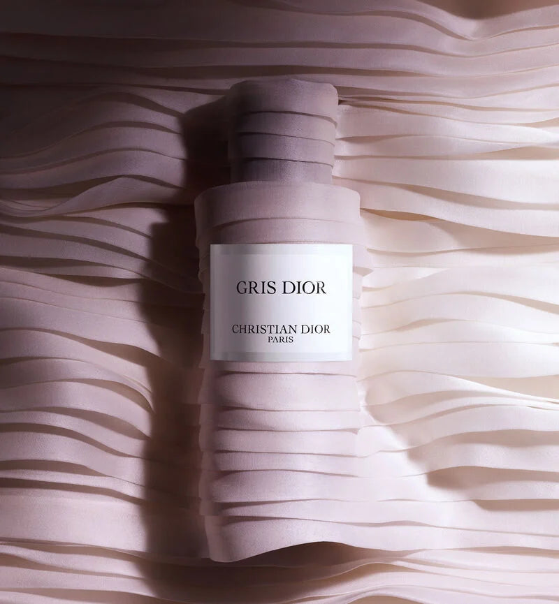 Gris Dior perfume box wrapped in elegant fabric with textured waves, showcasing premium Dior perfume packaging with classic branding.