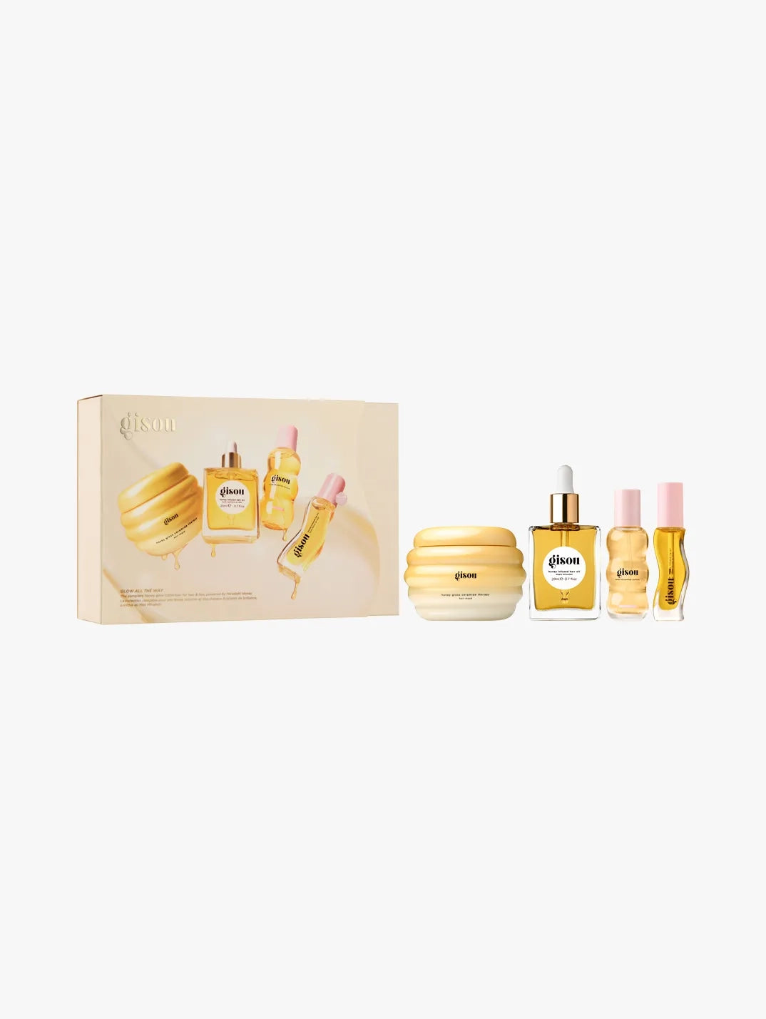 Gisou Glow All The Way Set – Honey-Infused Hair & Lip Gift Set (Hair Mask, Hair Oil, Hair Perfume & Lip Oil)