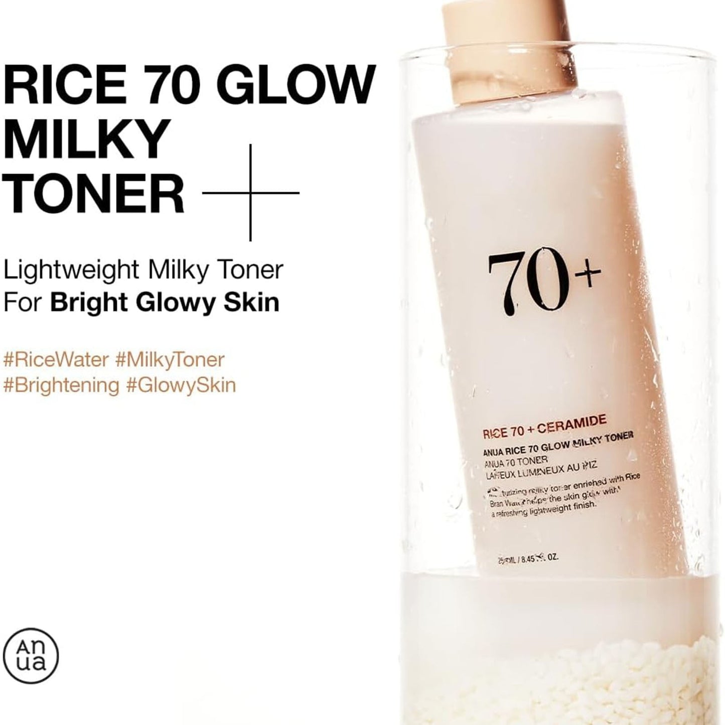 JELSUBI Anua Rice 70 Glow Milky Toner, for Glass Skin, Rice Water, Niacinamide, Ceramides, Panthenol, Fragrance-Free, Non comedogenic, Fungal Acne Safe, Korean Skin Care, 250ml/8.45fl.oz. - Khayest