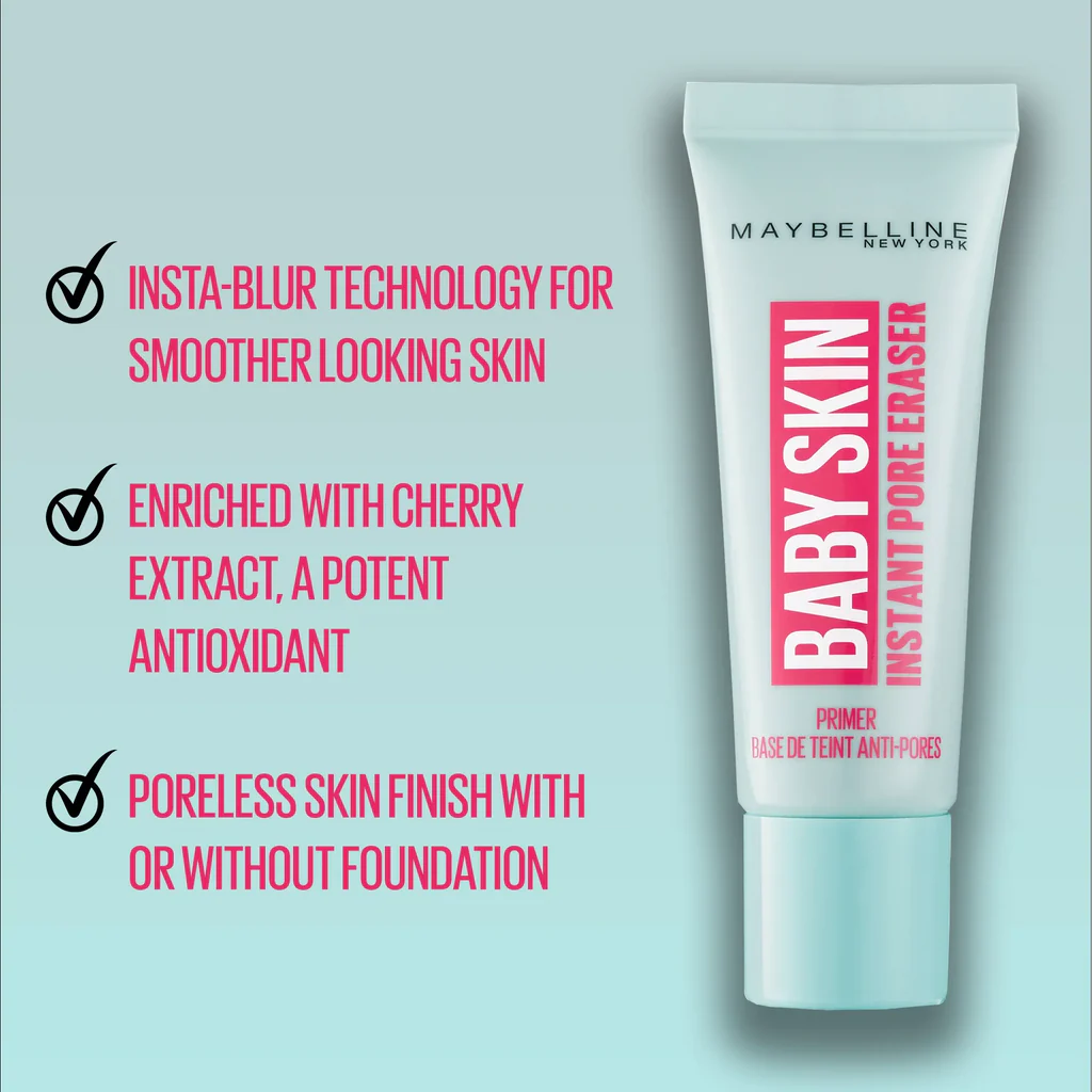 Maybelline Baby Skin Face Primer with its key benefits listed: insta-blur technology for smoother skin, enriched with cherry extract, and provides a poreless skin finish.