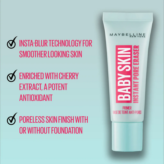 Maybelline Baby Skin Face Primer with its key benefits listed: insta-blur technology for smoother skin, enriched with cherry extract, and provides a poreless skin finish.