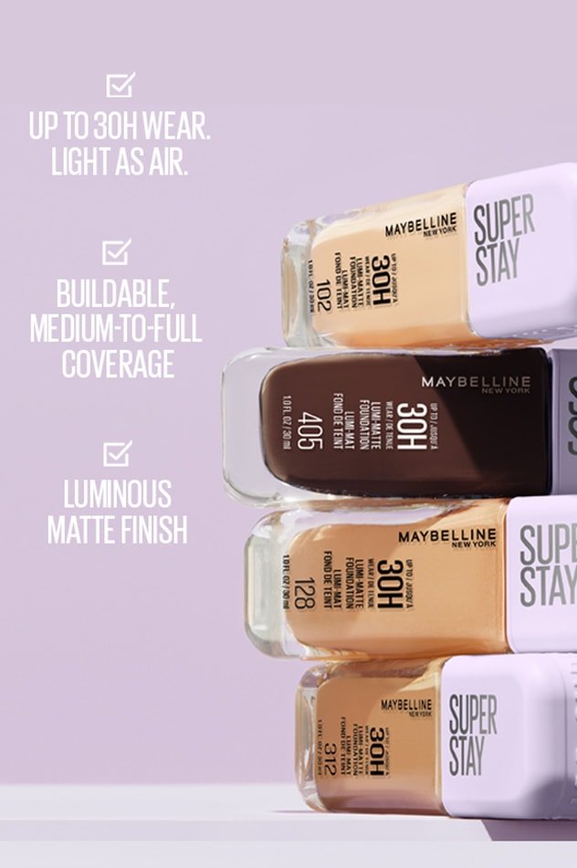Stacked bottles of Maybelline Foundation highlighting its key benefits: up to 30-hour wear, buildable coverage, and a luminous matte finish.