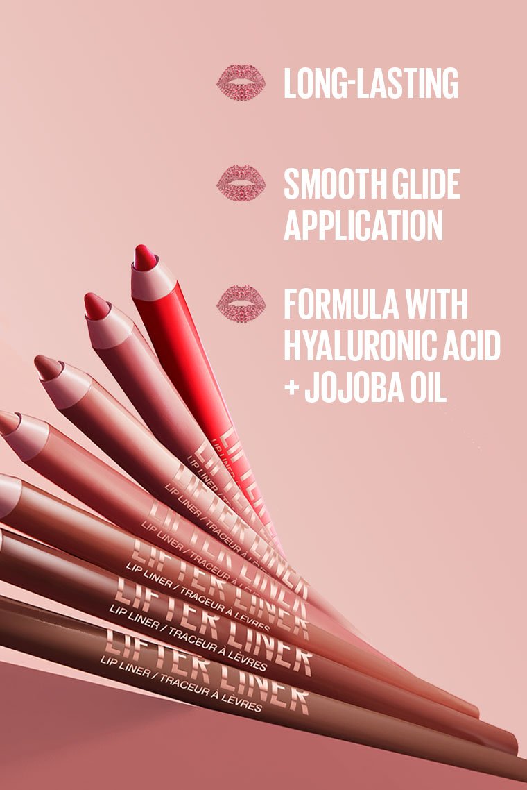 A graphic highlighting the benefits of the Maybelline Lip Liner: long-lasting wear, smooth glide application, and a formula with hyaluronic acid and jojoba oil.