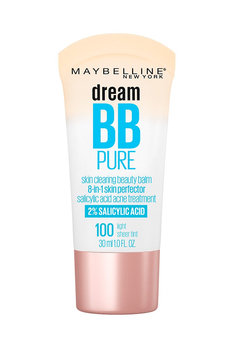 Maybelline Dream Pure BB Cream 30ml tube packaging highlighting 2% salicylic acid and 8-in-1 skin perfector benefits for acne-prone skin.