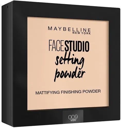 Front view of the Maybelline Face Studio Setting Powder in a black compact, showing the Mattifying Finishing Powder in shade 009 Ivory.