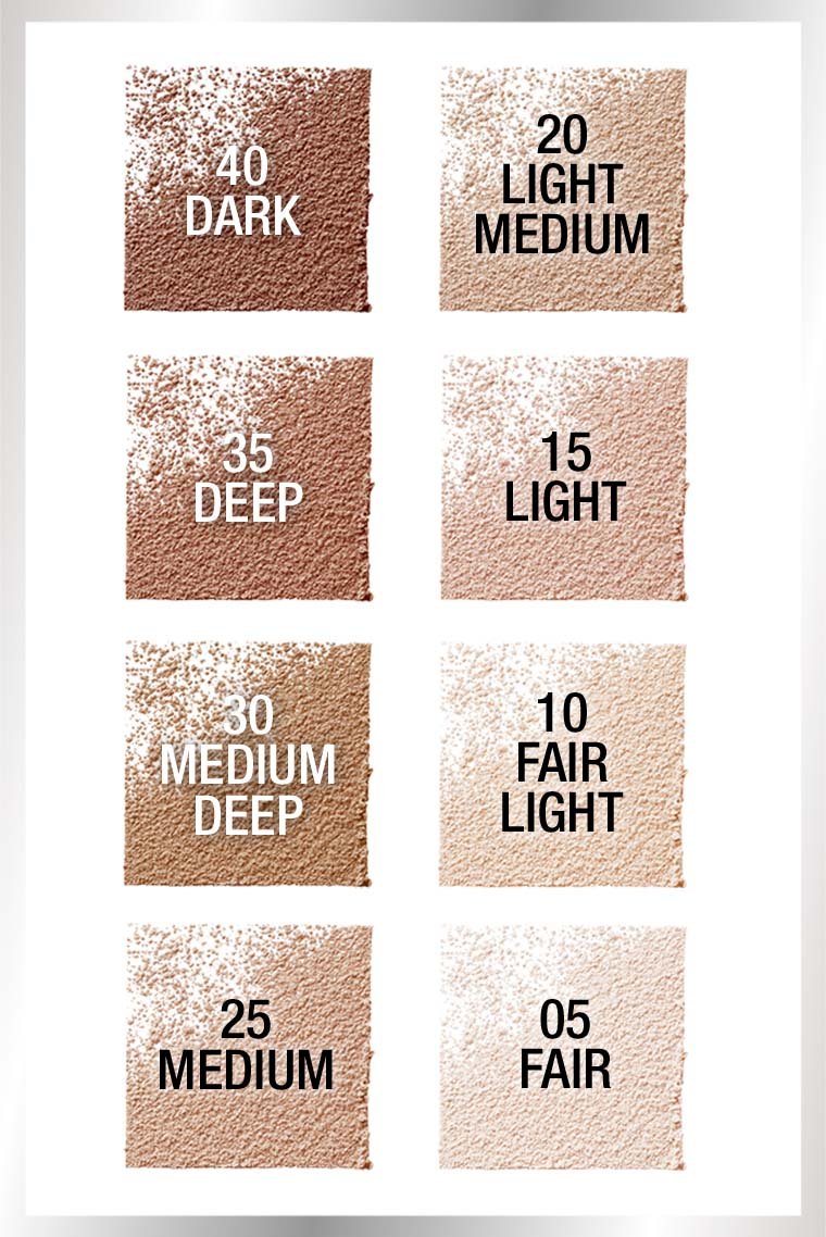 Shade range chart for Maybelline Fit Me Loose Face Powder, displaying texture swatches for shades 05 Fair to 40 Dark