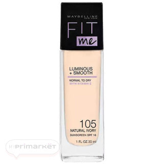 Maybelline Foundation Fit Me Luminous + Smooth bottle in shade 105 Natural Ivory with SPF 18 for a glowing finish.
