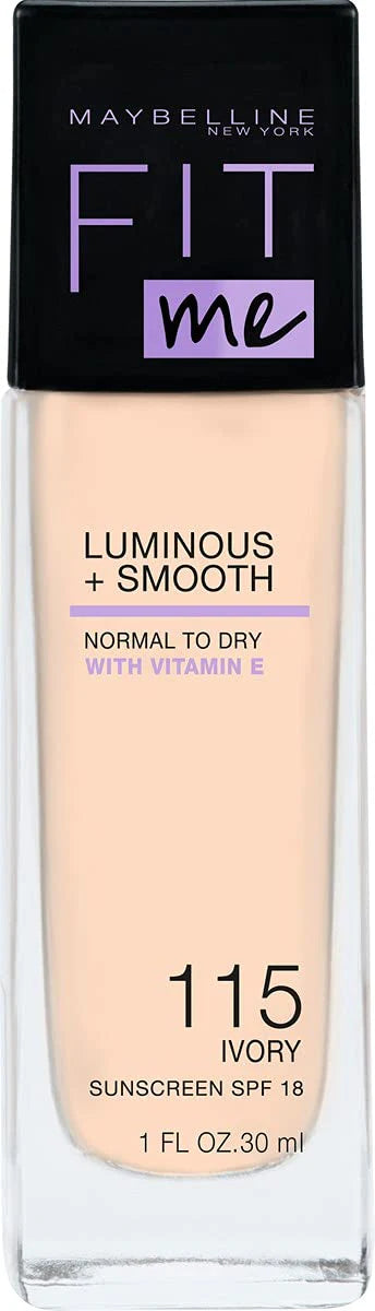 Maybelline Fit me Luminous smooth liquid Foundation Front view of the Maybelline Foundation Fit Me Luminous + Smooth bottle in shade 115 Ivory with Vitamin E.