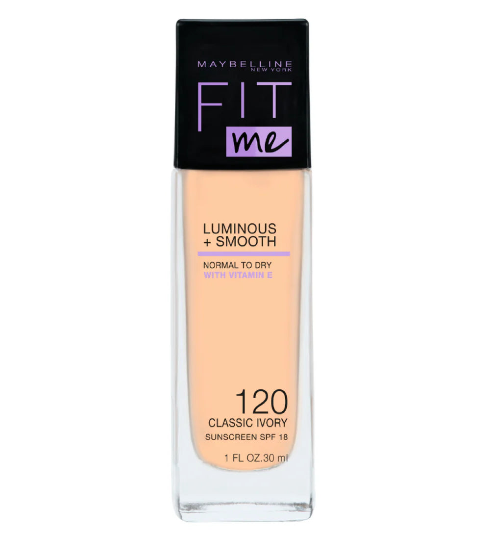 A bottle of Maybelline Foundation Fit Me Luminous + Smooth in the shade 120 Classic Ivory, ideal for normal to dry skin.