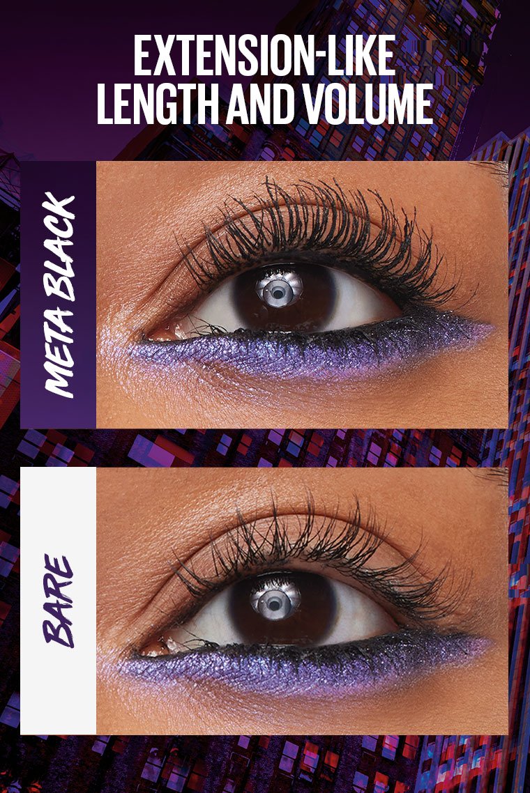 Maybelline Mascara before and after comparison showing dramatic extension-like length and volume in Meta Black shade