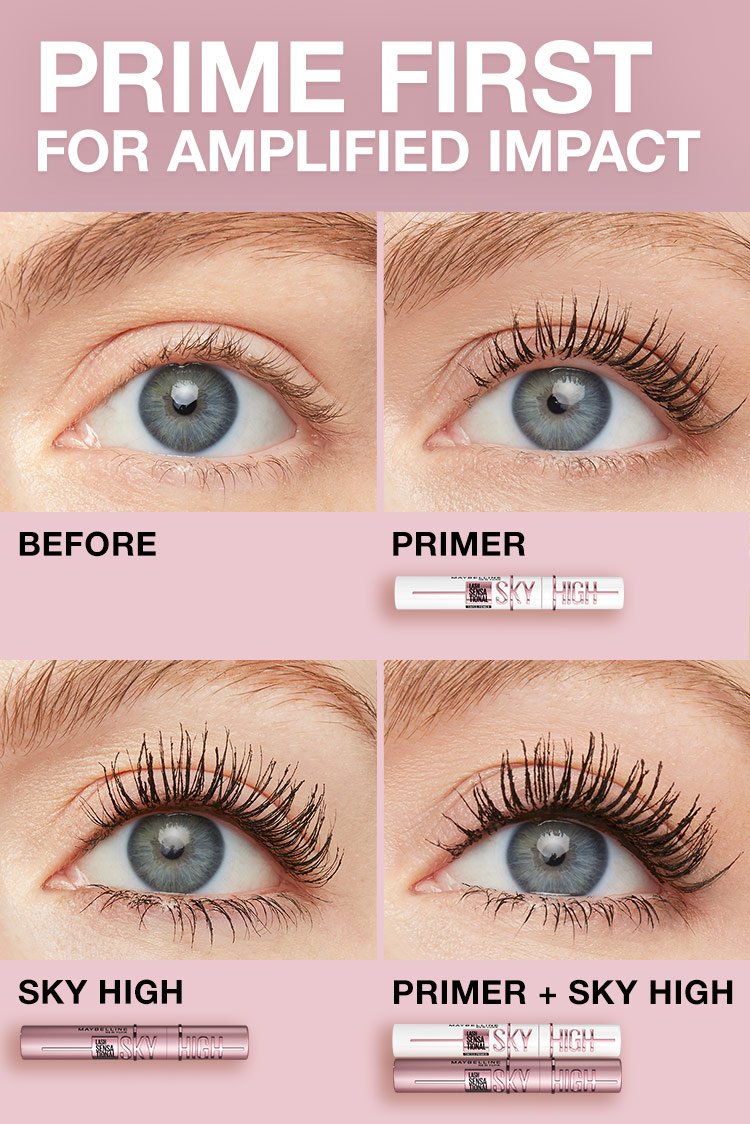 "Before and after comparison showing Maybelline Mascara Sky High results - natural lashes vs primer vs mascara vs primer with mascara"