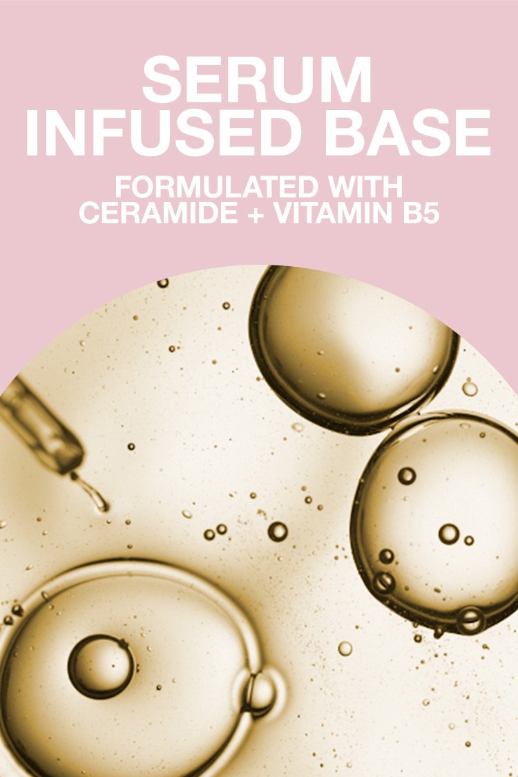 "Maybelline Mascara Sky High serum-infused base with ceramide and vitamin B5 formula droplets"
