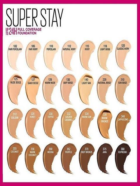 A complete shade chart for Maybelline Super Stay Full Coverage foundation, showing 30 swatches from Fair Porcelain to Espresso, offered by Maybelline Pakistan