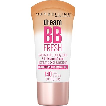 The deep sheer tint shade 140 of Maybelline Dream Fresh BB Cream with titanium dioxide sunscreen.