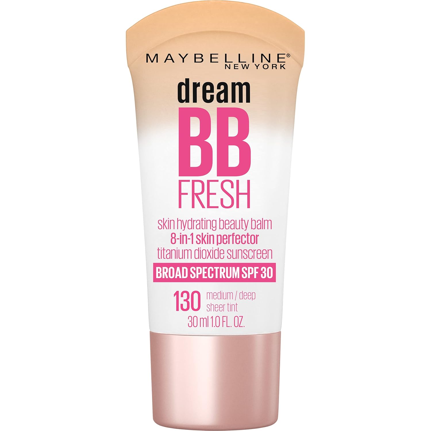 Tube of Maybelline Dream Fresh BB Cream in shade 130 Medium/Deep, an 8-in-1 skin perfector with SPF 30.
