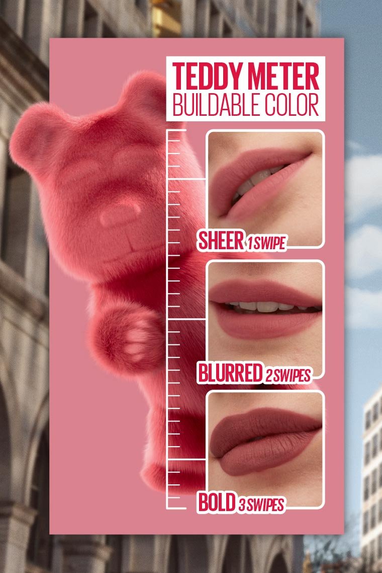 "Teddy Meter" demonstrating the buildable coverage of the Maybelline Lip Tint, from a sheer single swipe to a bold three swipes - Khayest