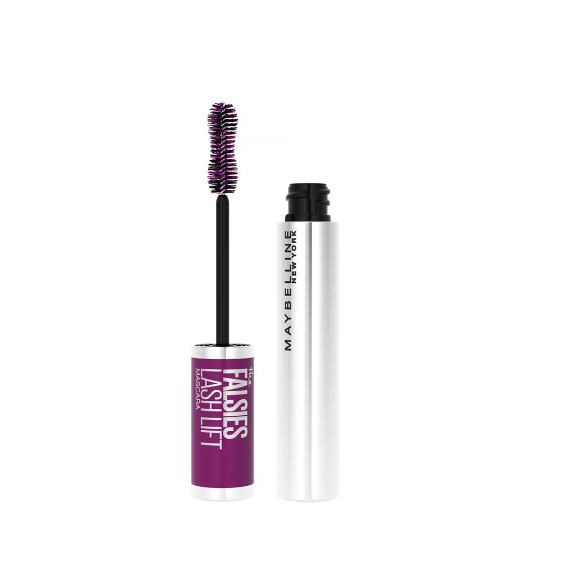 The complete Maybelline Mascara Falsies Lash Lift product, showing the purple and silver tube next to the open wand.