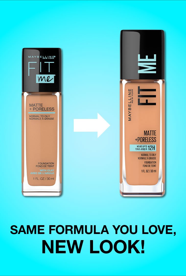 An image showing the new packaging design for the Maybelline Foundation Fit Me bottle, noting it's the same great formula.