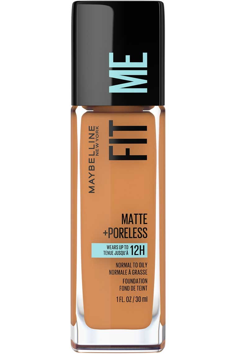 A product shot of the Maybelline Foundation Fit Me Matte + Poreless in a deep tan shade, ideal for darker skin tones.