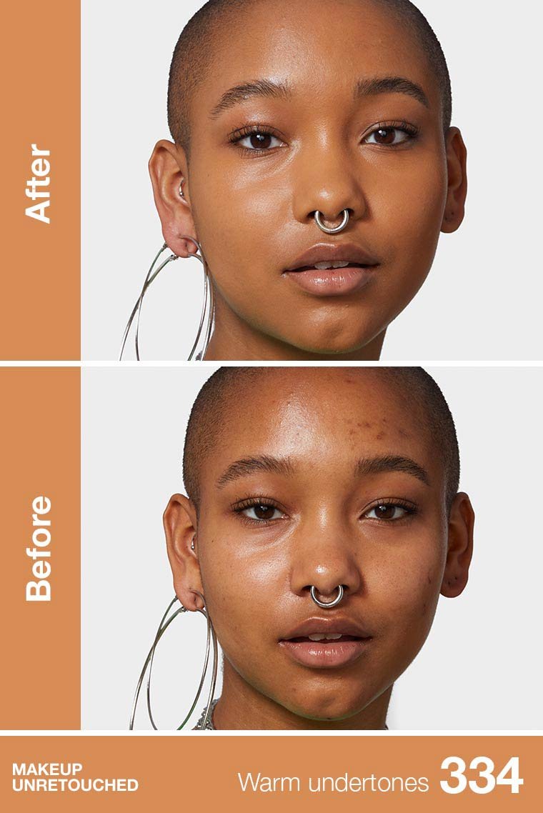 Before and after results of using Maybelline Foundation shade 334, showing a smoother, poreless, and matte complexion.