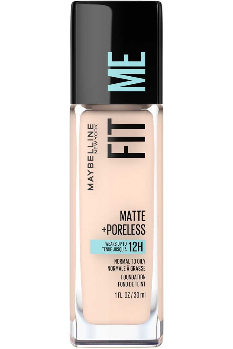 The front of the bottle for Maybelline Foundation Fit Me Matte + Poreless in the very light shade 102 Fair Porcelain.