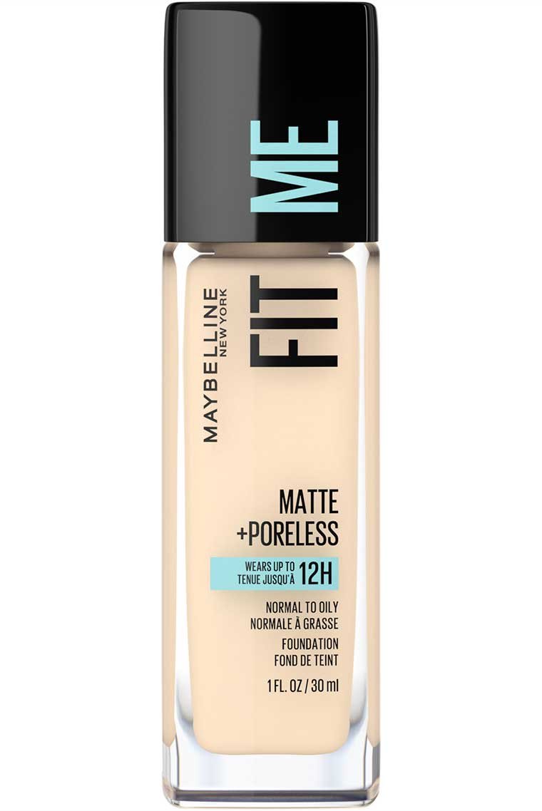 A clear bottle of Maybelline Foundation Fit Me Matte + Poreless in the light shade 110 Porcelain for normal to oily skin.