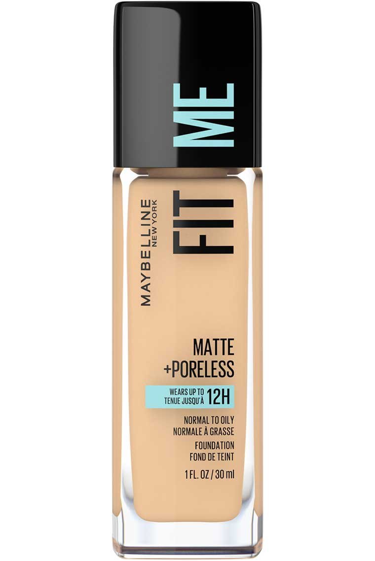 Maybelline Foundation Fit Me Matte + Poreless, shade 128 Warm Nude, in a 1 fl oz bottle.