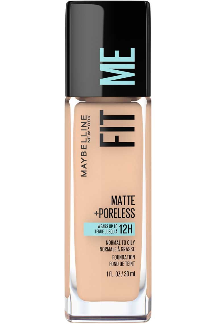 Front view of a Maybelline Foundation bottle, the Fit Me Matte + Poreless line for normal to oily skin, featuring a light nude beige liquid.